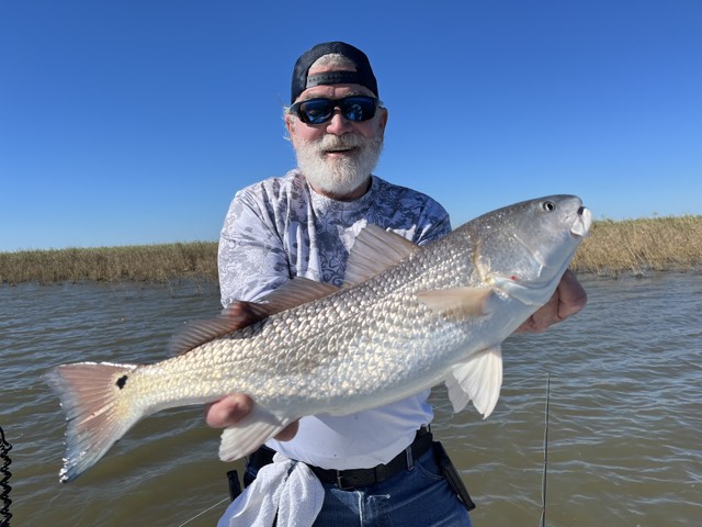 Man on boat holding large redfish, blue sky and marsh in background.